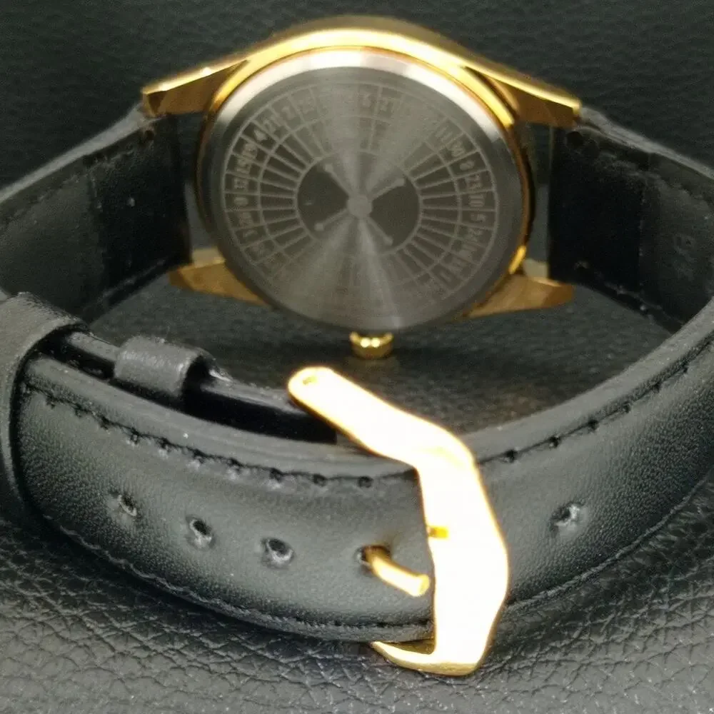 Vintage 1979 Roulette Manual Mens Gold Watch W/Leather Strap & Red/Yellow accent